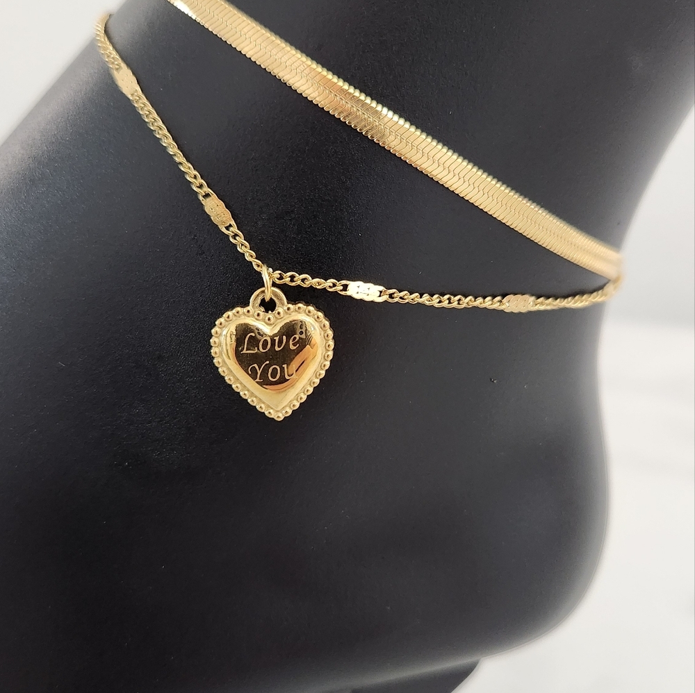 Gold Layered Anklet Herringbone Chain Heart Charm 18K Plated Adjustable - Picture 8 of 13